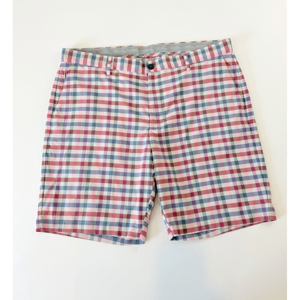 Tommy Bahama Plaid Golf Shorts Mens 40 Pink Blue Stretch Flat Front 9 Inseam